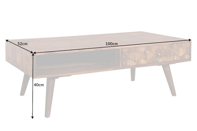 Table basse en bois massif Sheesham MYSTIC salon – 100 cm, finition stone, avec rangements