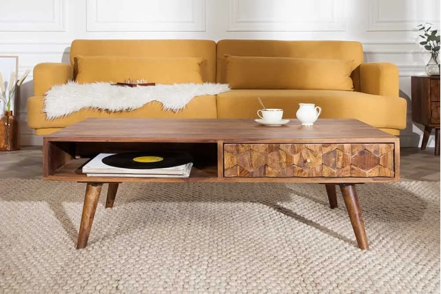 Table basse en bois massif Sheesham MYSTIC salon – 100 cm, finition stone, avec rangements