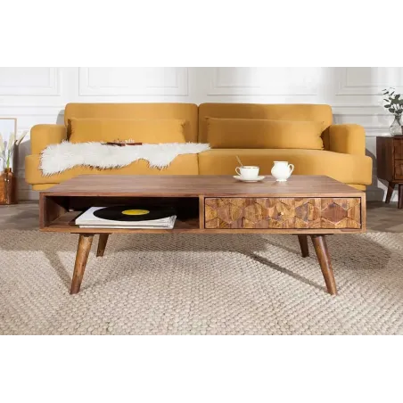 Table basse en bois massif Sheesham MYSTIC salon – 100 cm, finition stone, avec rangements