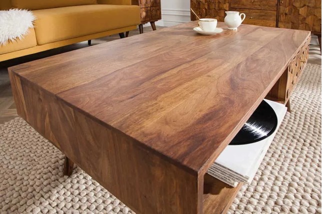 Table basse en bois massif Sheesham MYSTIC salon – 100 cm, finition stone, avec rangements