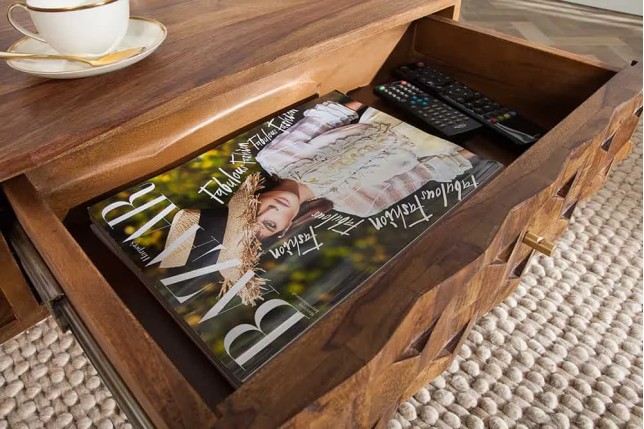 Table basse en bois massif Sheesham MYSTIC salon – 100 cm, finition stone, avec rangements