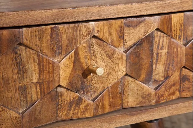 Table basse en bois massif Sheesham MYSTIC salon – 100 cm, finition stone, avec rangements