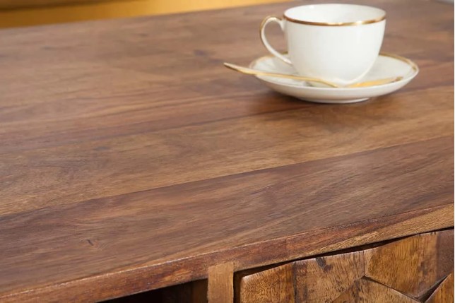 Table basse en bois massif Sheesham MYSTIC salon – 100 cm, finition stone, avec rangements