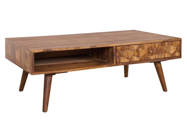 Table basse en bois massif Sheesham MYSTIC salon – 100 cm, finition stone, avec rangements