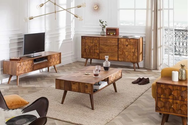 Table basse en bois massif Sheesham MYSTIC salon – 100 cm, finition stone, avec rangements