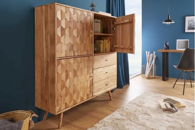 Highboard en bois massif d’acacia MYSTIC salon – 140 cm, finition naturelle avec 3D surface artisanale