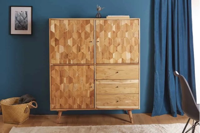 Highboard en bois massif d’acacia MYSTIC salon – 140 cm, finition naturelle avec 3D surface artisanale