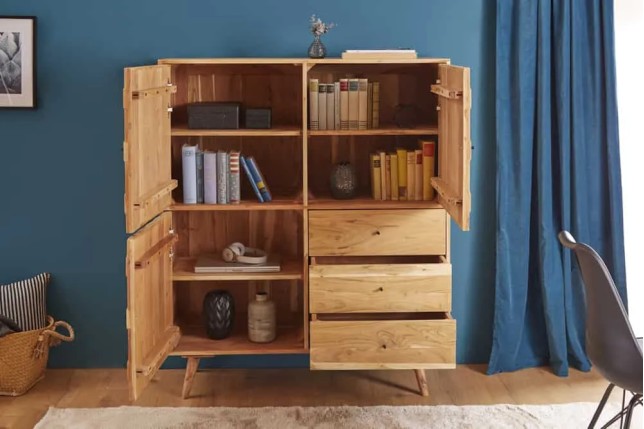 Highboard en bois massif d’acacia MYSTIC salon – 140 cm, finition naturelle avec 3D surface artisanale