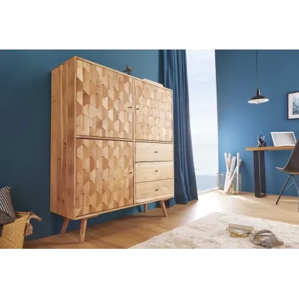 Highboard en bois massif d’acacia MYSTIC salon – 140 cm, finition naturelle avec 3D surface artisanale