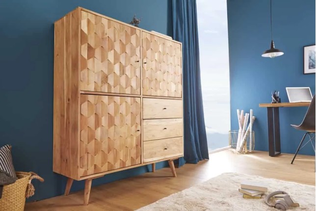 Highboard en bois massif d’acacia MYSTIC salon – 140 cm, finition naturelle avec 3D surface artisanale