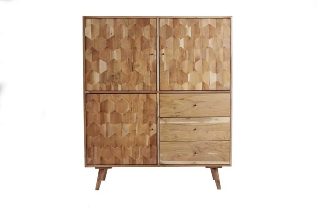 Highboard en bois massif d’acacia MYSTIC salon – 140 cm, finition naturelle avec 3D surface artisanale