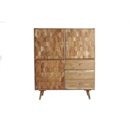 Highboard en bois massif d’acacia MYSTIC salon – 140 cm, finition naturelle avec 3D surface artisanale