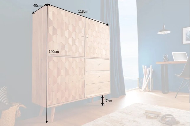 Highboard en bois massif d’acacia MYSTIC salon – 140 cm, finition naturelle avec 3D surface artisanale