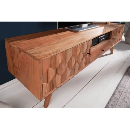 Meuble TV en bois massif d’acacia MYSTIC salon – 140 cm, finition naturelle avec surface 3D artisanale