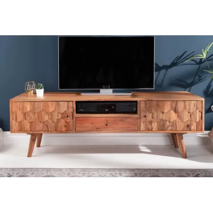 Meuble TV en bois massif d’acacia MYSTIC salon – 140 cm, finition naturelle avec surface 3D artisanale 2