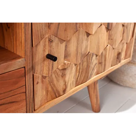 Meuble TV en bois massif d’acacia MYSTIC salon – 140 cm, finition naturelle avec surface 3D artisanale