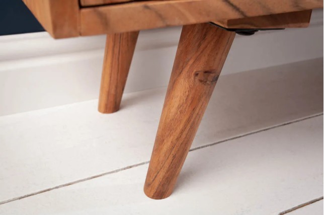 Meuble TV en bois massif d’acacia MYSTIC salon – 140 cm, finition naturelle avec surface 3D artisanale