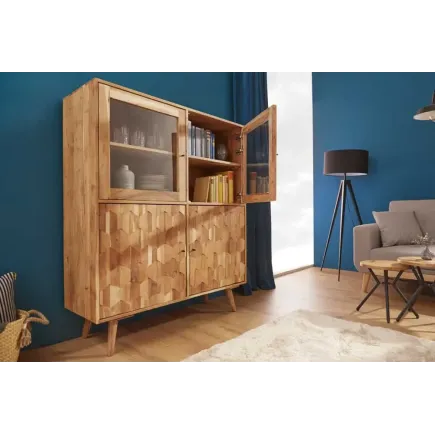 Highboard vitrine en bois massif d’acacia MYSTIC salon – 140 cm, finition naturelle avec surface 3D artisanale 2