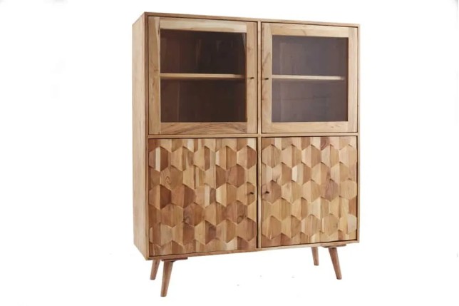 Highboard vitrine en bois massif d’acacia MYSTIC salon – 140 cm, finition naturelle avec surface 3D artisanale