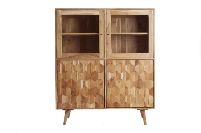 Highboard vitrine en bois massif d’acacia MYSTIC salon – 140 cm, finition naturelle avec surface 3D artisanale