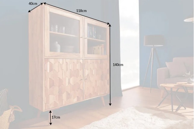 Highboard vitrine en bois massif d’acacia MYSTIC salon – 140 cm, finition naturelle avec surface 3D artisanale