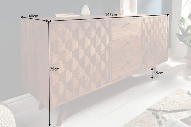 Sideboard en bois massif d’acacia MYSTIC salon – 145 cm, finition naturelle avec design 3D et rangements spacieux