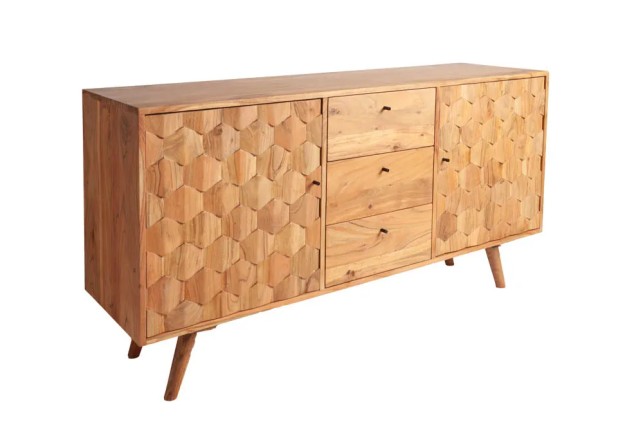 Sideboard en bois massif d’acacia MYSTIC salon – 145 cm, finition naturelle avec design 3D et rangements spacieux
