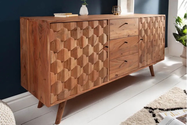 Sideboard en bois massif d’acacia MYSTIC salon – 145 cm, finition naturelle avec design 3D et rangements spacieux