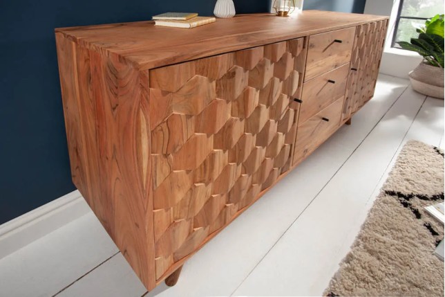 Sideboard en bois massif d’acacia MYSTIC salon – 145 cm, finition naturelle avec design 3D et rangements spacieux