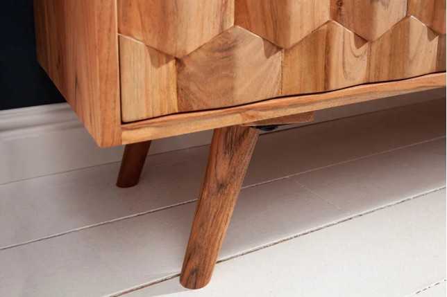 Sideboard en bois massif d’acacia MYSTIC salon – 145 cm, finition naturelle avec design 3D et rangements spacieux