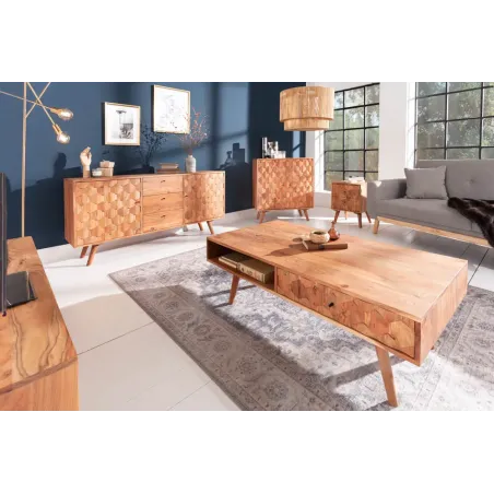 Sideboard en bois massif d’acacia MYSTIC salon – 145 cm, finition naturelle avec design 3D et rangements spacieux