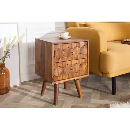 Table d’appoint / chevet en bois massif Sheesham MYSTIC LIVING – 60 cm, finition stone avec surface 3D artisanale