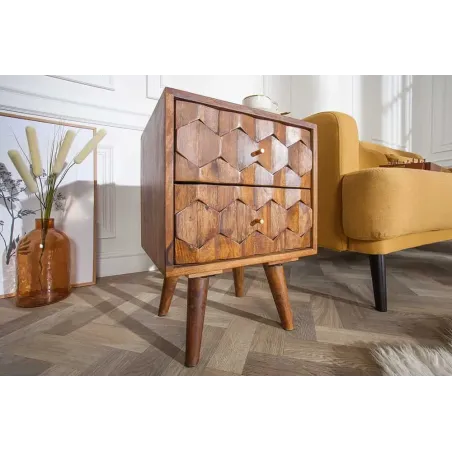 Table d’appoint / chevet en bois massif Sheesham MYSTIC LIVING – 60 cm, finition stone avec surface 3D artisanale