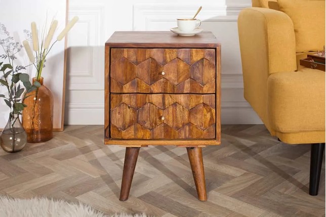 Table d’appoint / chevet en bois massif Sheesham MYSTIC LIVING – 60 cm, finition stone avec surface 3D artisanale