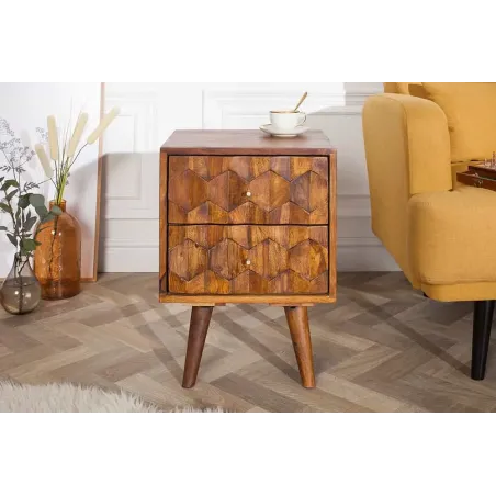 Table d’appoint / chevet en bois massif Sheesham MYSTIC LIVING – 60 cm, finition stone avec surface 3D artisanale