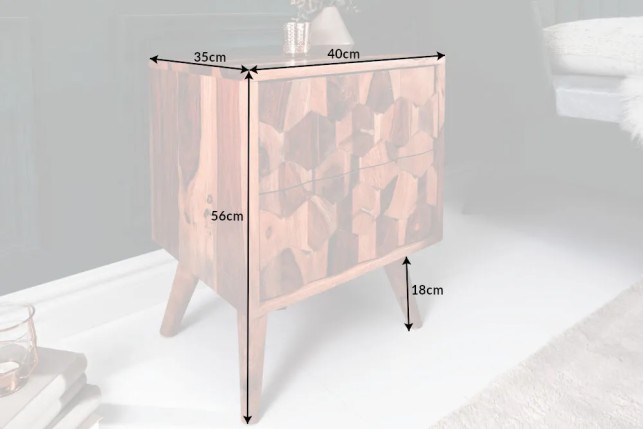 Table d’appoint / chevet en bois massif Sheesham MYSTIC LIVING – 60 cm, finition stone avec surface 3D artisanale