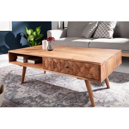 Table basse en bois massif MYSTIC salon 100 cm – Naturel Akazie avec rangement