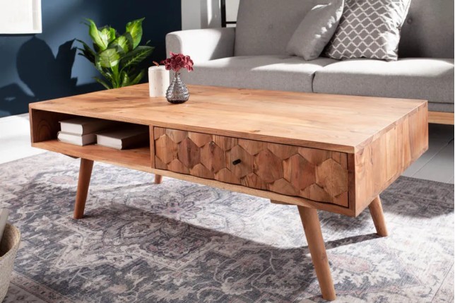 Table basse en bois massif MYSTIC salon 100 cm – Naturel Akazie avec rangement