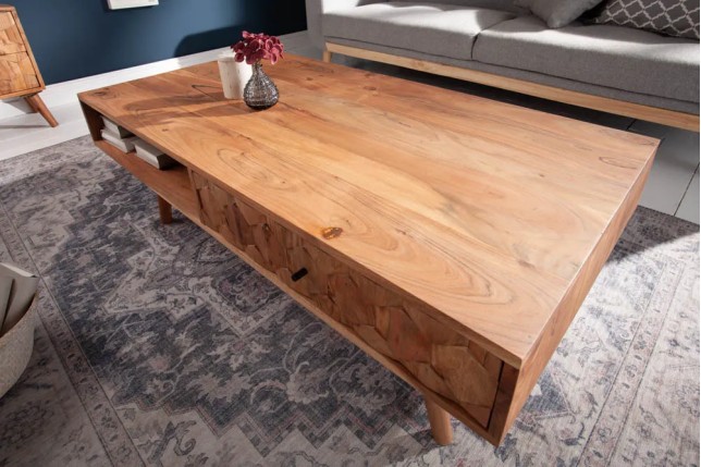 Table basse en bois massif MYSTIC salon 100 cm – Naturel Akazie avec rangement