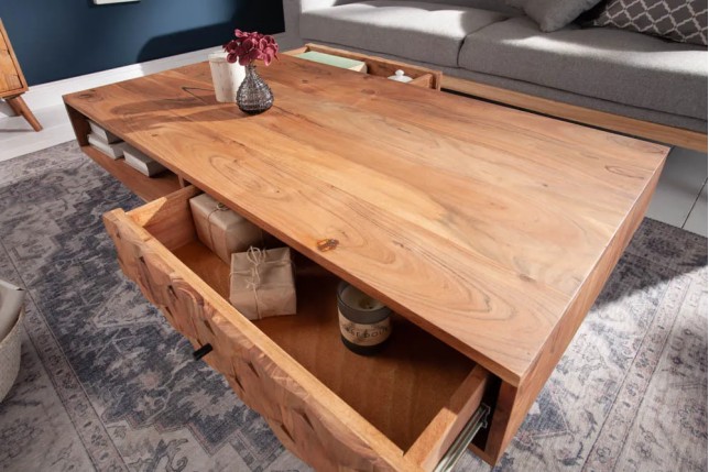Table basse en bois massif MYSTIC salon 100 cm – Naturel Akazie avec rangement