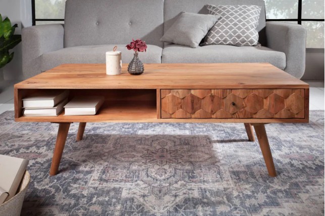 Table basse en bois massif MYSTIC salon 100 cm – Naturel Akazie avec rangement