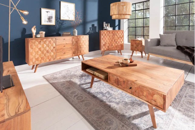 Table basse en bois massif MYSTIC salon 100 cm – Naturel Akazie avec rangement
