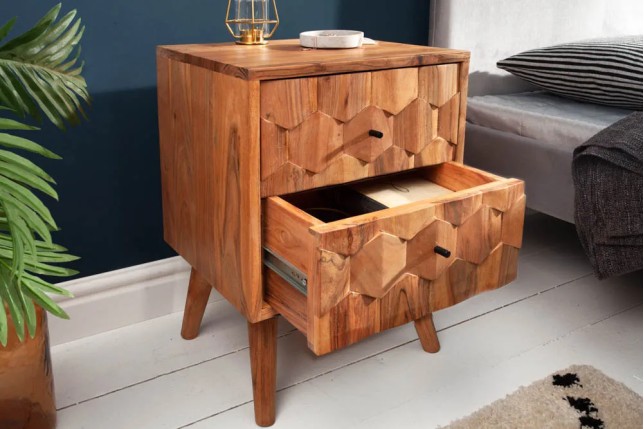Chevet MYSTIC LIVING 60 cm en bois massif d’acacia – Naturel 3D avec rangement