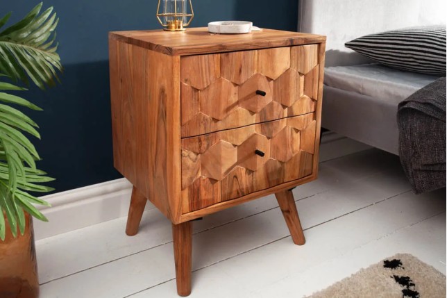 Chevet MYSTIC LIVING 60 cm en bois massif d’acacia – Naturel 3D avec rangement