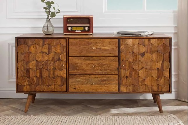 Buffet MYSTIC LIVING 145 cm en bois massif Sheesham – Finition stone avec rangement