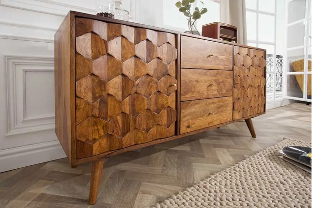 Buffet MYSTIC LIVING 145 cm en bois massif Sheesham – Finition stone avec rangement
