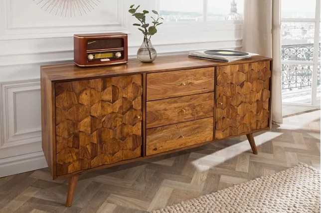 Buffet MYSTIC LIVING 145 cm en bois massif Sheesham – Finition stone avec rangement