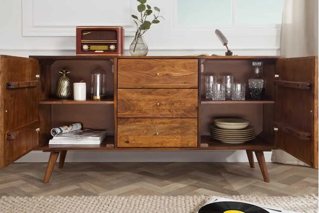 Buffet MYSTIC LIVING 145 cm en bois massif Sheesham – Finition stone avec rangement