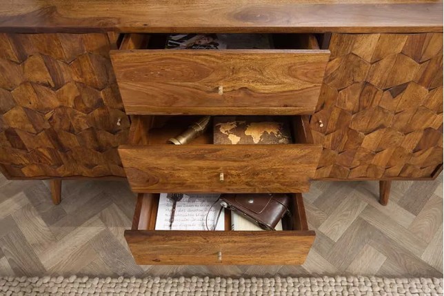 Buffet MYSTIC LIVING 145 cm en bois massif Sheesham – Finition stone avec rangement