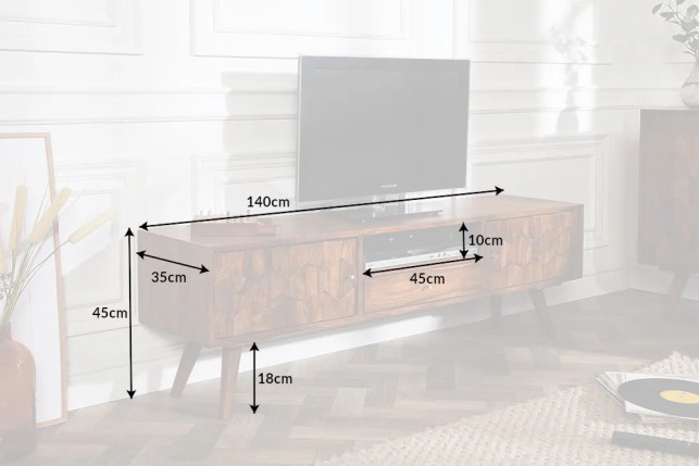 Meuble TV MYSTIC salon 140 cm en bois massif Sheesham – Finition stone 3D